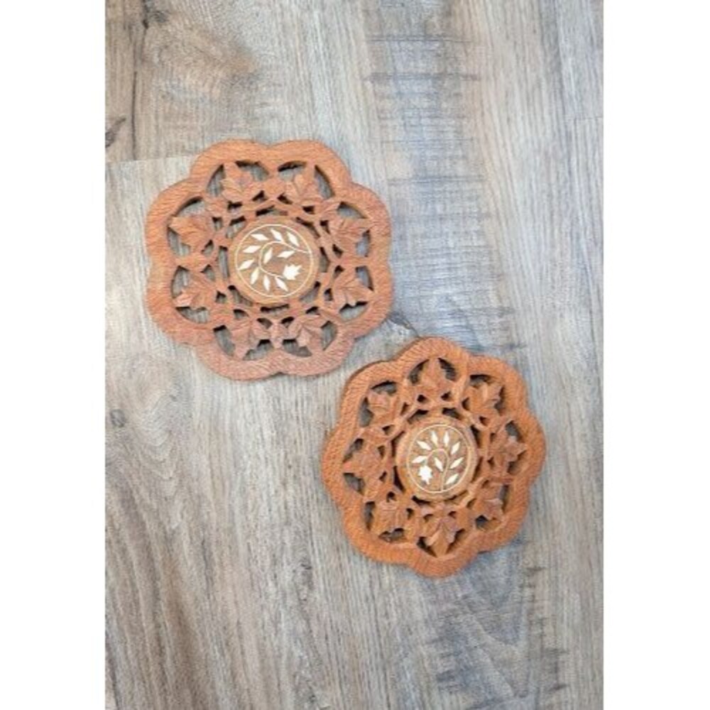 Lot of 2 Hand Carved Wooden Trivet Made in India Approx 6” Diameter Vintage Old